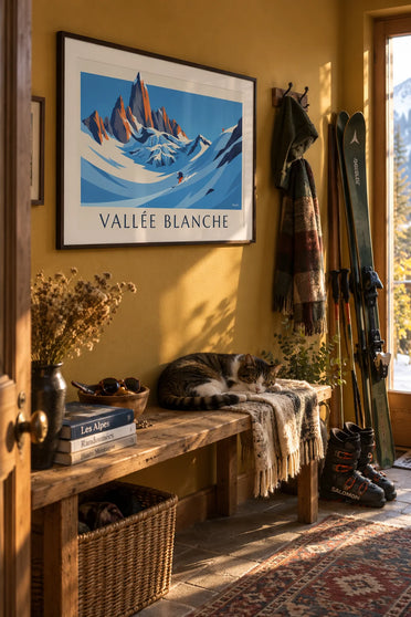 Juliste off-piste-hiihtäjä Vallée Blanchen jäätiköllä: kehystettynä seinällä