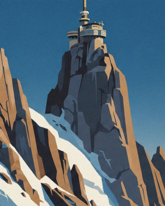 The rocky peak and its observation post beneath a blue sky