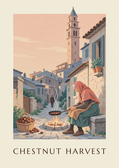Poster of chestnuts roasted over a wood fire in Castagniccia, Corsica: the full poster