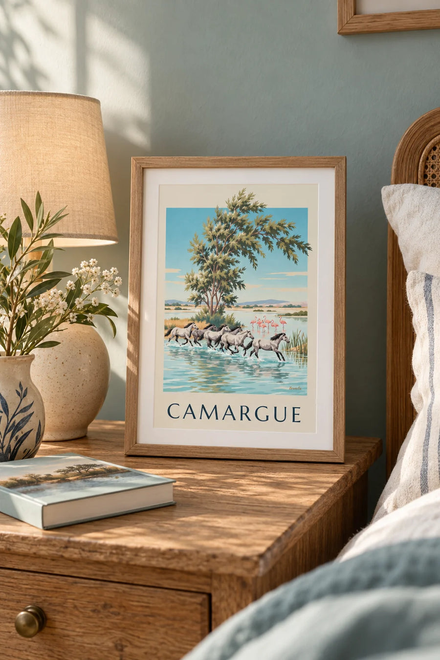 Affiche chevaux camarguais au galop dans les marais : petit format A4 encadré
