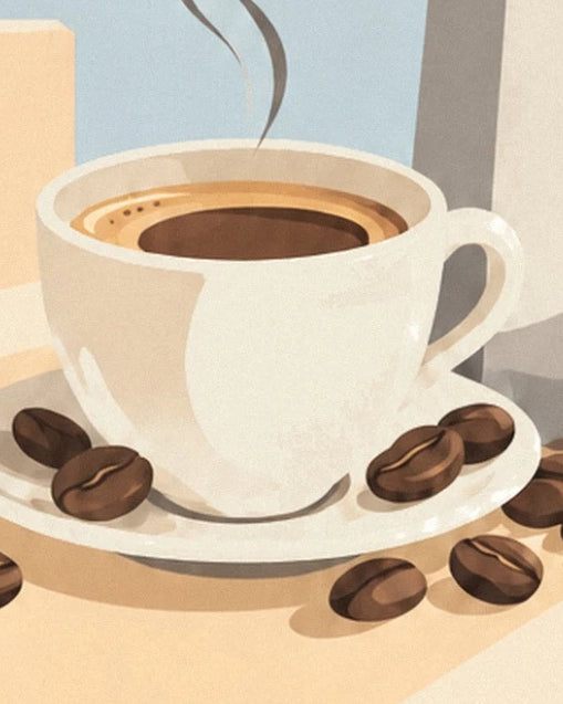 Une tasse blanche d’expresso fumant sur sa soucoupe, entourée de grains de café