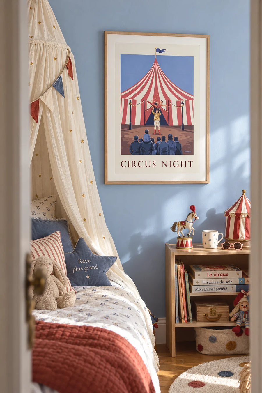Poster of a juggler and acrobat in front of a circus tent: framed on the wall