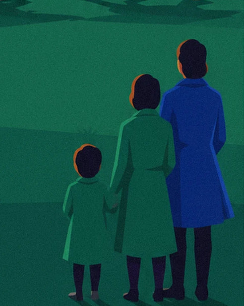 A mother and her 2 children in blue and green coats, seen from behind facing the lawn