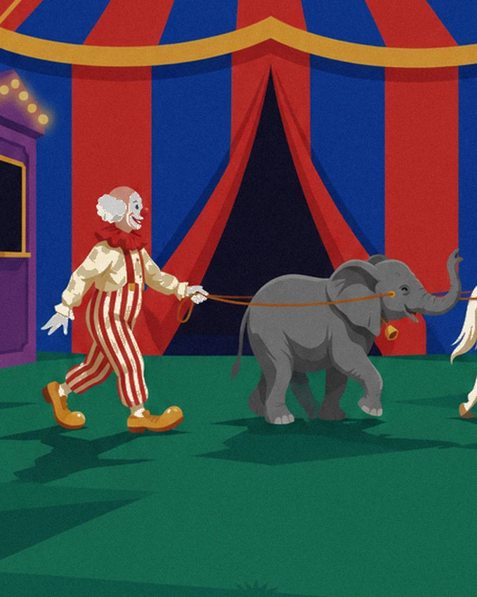 The clown in red and white striped dungarees leading the grey baby elephant in front of the big top