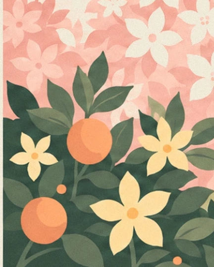 The 2 ripe oranges and 3 yellow flowers among the green leaves, against a background of pink blossom