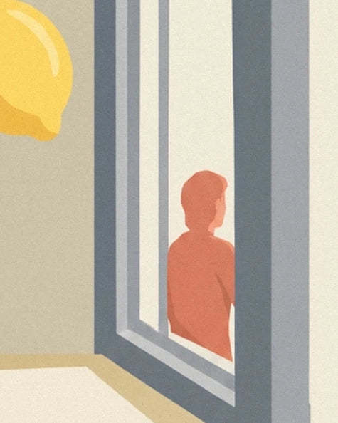 A man in orange seen from behind in the grey window frame