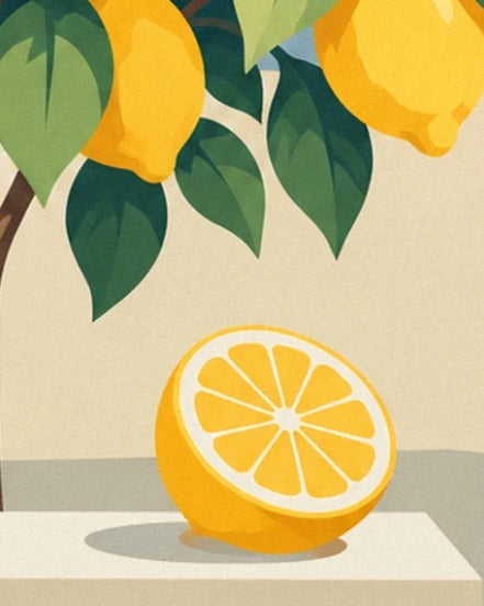 A lemon half resting on a pale low wall beneath branches laden with fruit