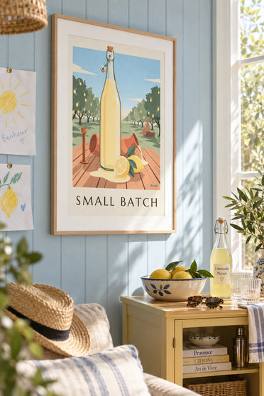 Affiche bouteille de citronnade artisanale et citrons : encadrée au mur