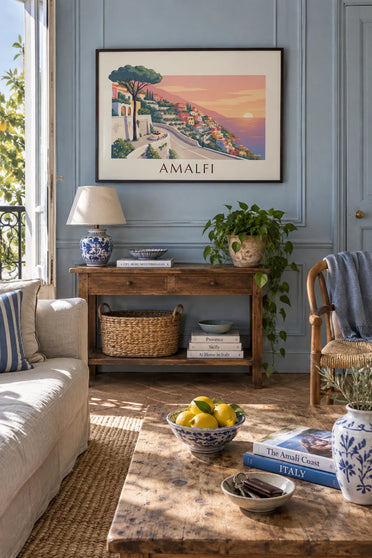 Poster of the Amalfi Coast road at sunset: framed on the wall