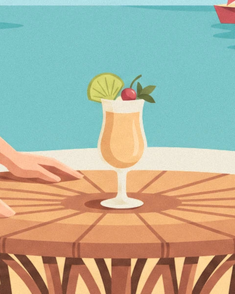 The Mai Tai garnished with a lime slice and a cherry, on the round wooden table