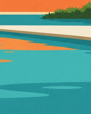 The turquoise pool water, its orange reflections and cream edging