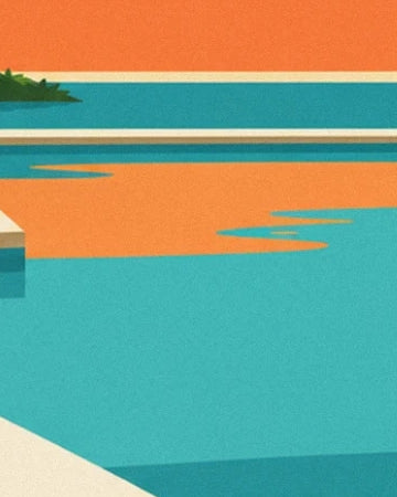 The turquoise pool water and its orange reflections between the cream edges