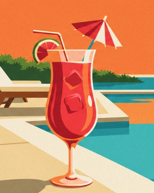 A red cocktail with ice cubes, a straw and a paper parasol beside the pool