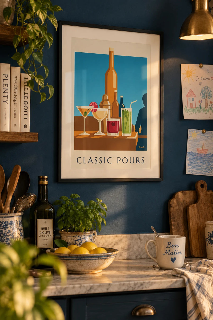 Classic cocktails on a bar counter poster: framed on the wall