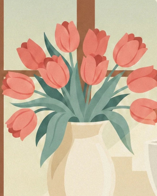 Un bouquet de tulipes roses aux feuilles vertes dans un vase crème