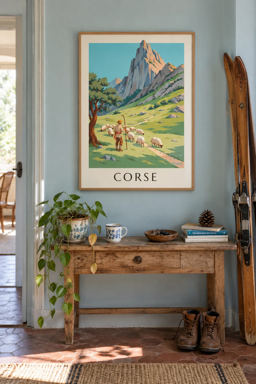 Poster of a shepherd and his sheep in the Corsican mountains: framed on the wall