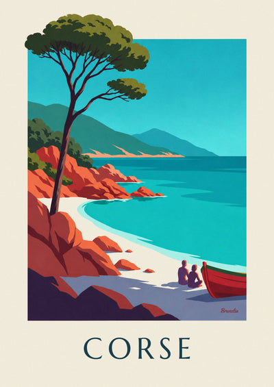 Poster of a Corsican bay, red granite rocks and a umbrella pine: the full poster