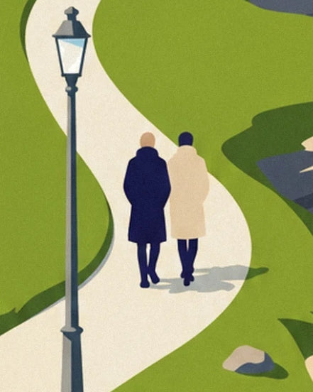 A couple in navy and beige coats on the winding path, near the lamppost