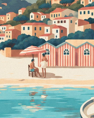 Pink and white striped beach huts, 2 holidaymakers under the parasol and houses on the hill