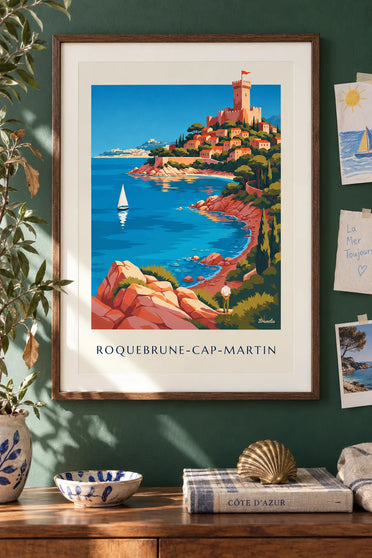 Affiche baie et village perché de Roquebrune-Cap-Martin : encadrée au mur