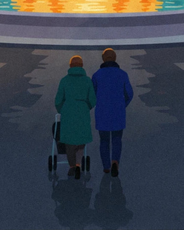 The two passers-by in green and blue coats, with a trolley beside the basin