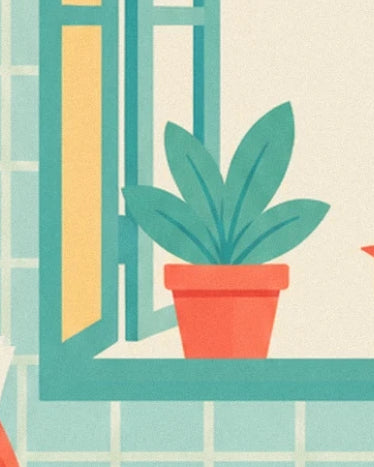 A plant with green leaves in a red pot on the windowsill