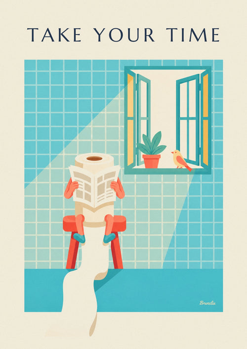 Poster of a toilet paper character deep in reading: the full poster