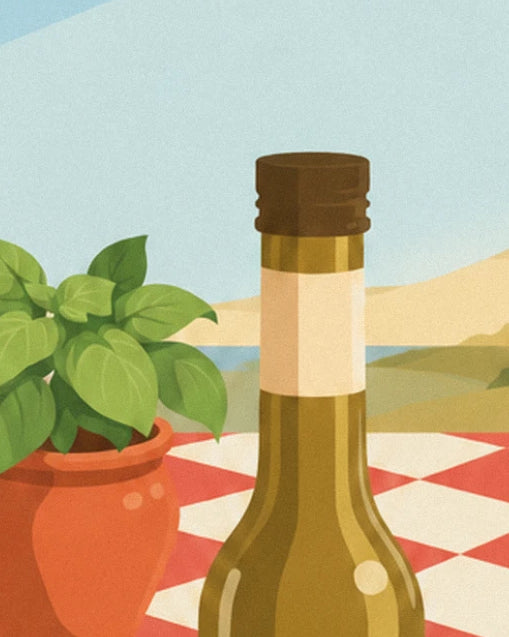 A bottle of olive oil and a terracotta pot of basil, on the red checked tablecloth
