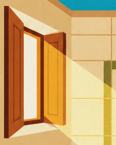 The open brown shutters and golden light on the tiled wall