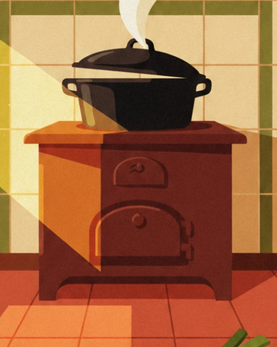 The black cooking pot with its lid slightly open on the brick red stove