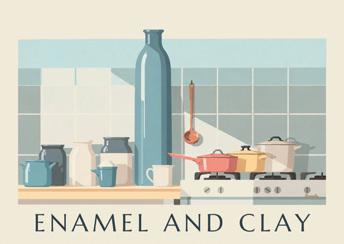Affiche casseroles émaillées et pots en céramique dans la cuisine : l'affiche entière