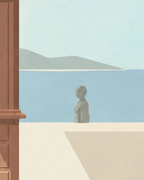 The grey stone bust facing the blue sea, at the foot of a brown wooden post