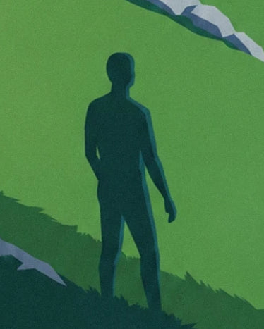 Une silhouette humaine sombre projetée sur la pente verte du col alpin