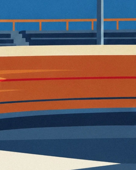 Red and blue lines on the wooden track, in front of the empty stands