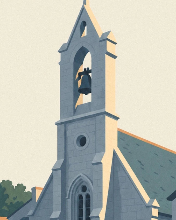 The grey stone bell tower and its dark bell beneath a tall pointed arch