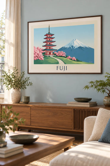 Juliste Chureito-pagodista Fuji-vuoren edessä kirsikkapuiden keskellä: kehystettynä seinällä