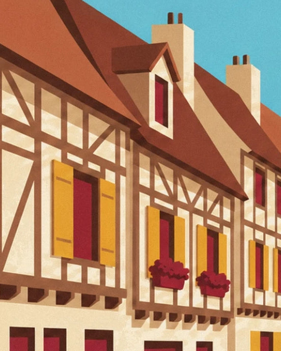 The timber-framed houses with yellow shutters and red window boxes beneath steep roofs