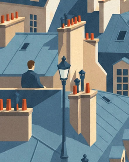 A man in a dark jacket sitting on a roof, beside a lamppost and orange chimneys