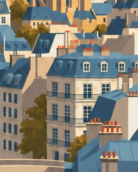 A Haussmann-style building with balconies and dormer windows, surrounded by blue roofs and trees