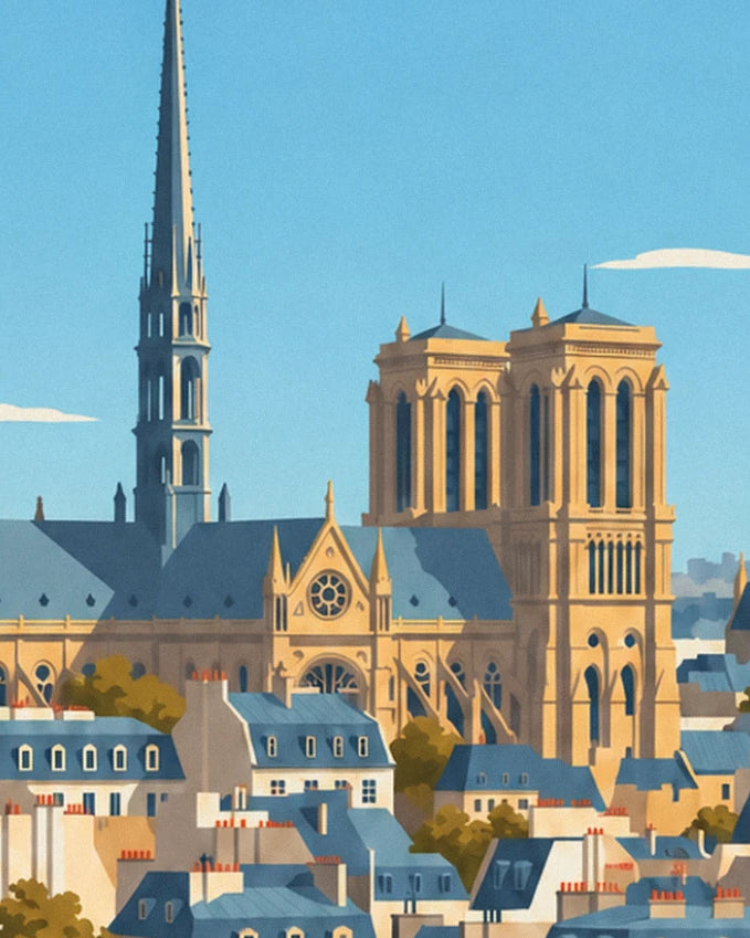 The 2 golden towers of Notre-Dame and the spire, beneath a pale blue sky