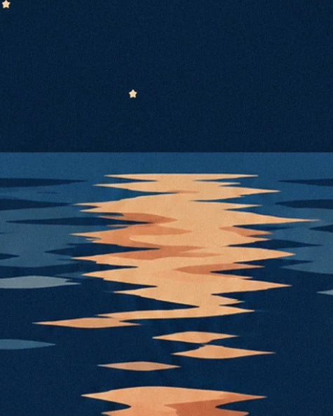 Un reflet orangé en longues ondulations sur l’eau bleue, sous une étoile