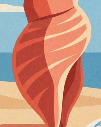 An elongated orange-red shell with cream bands in front of the blue sea