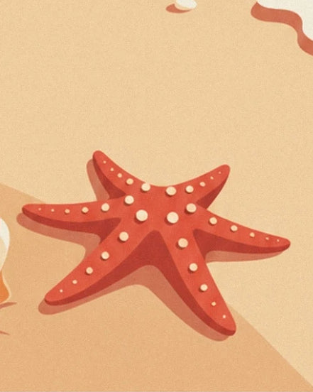An orange-red starfish with cream spots on the golden sand