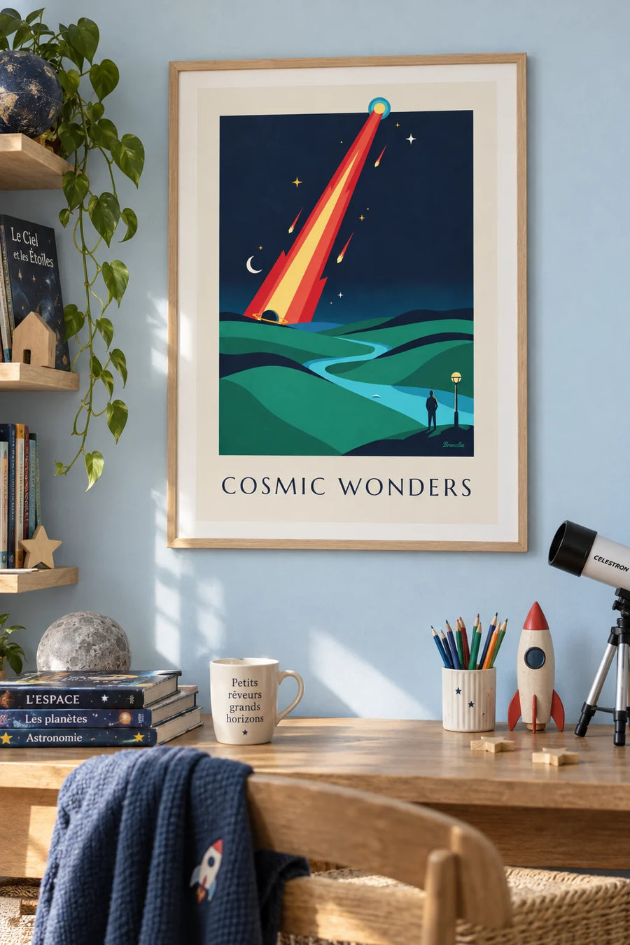 Affiche comète et météorites dans le cosmos : encadrée au mur