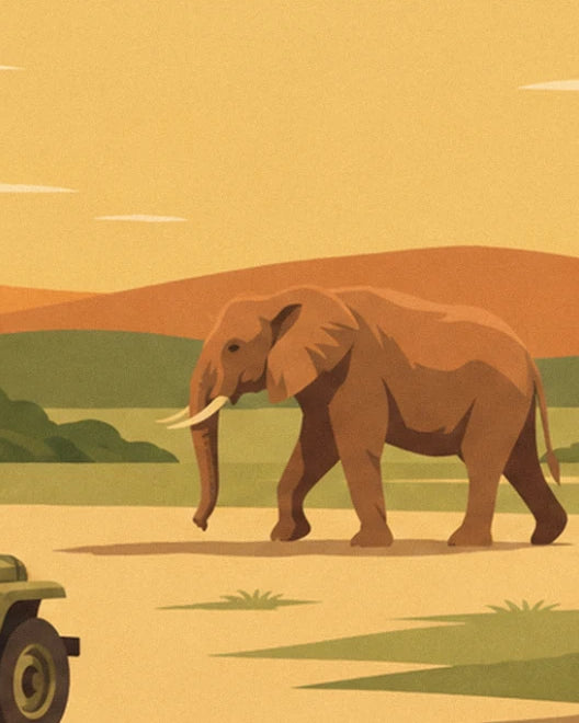 The elephant with ivory tusks walking calmly in front of the ochre hills