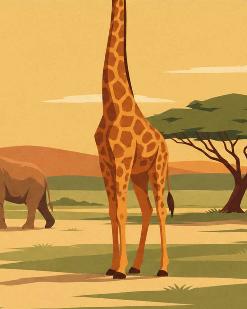 The giraffe with orange patches standing tall in front of the acacia, with 1 elephant further back
