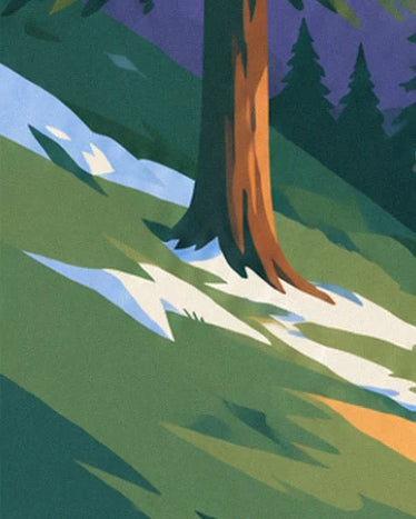 Le tronc orangé d'un sapin sur la pente d'herbe verte, avec des plaques de neige bleutée