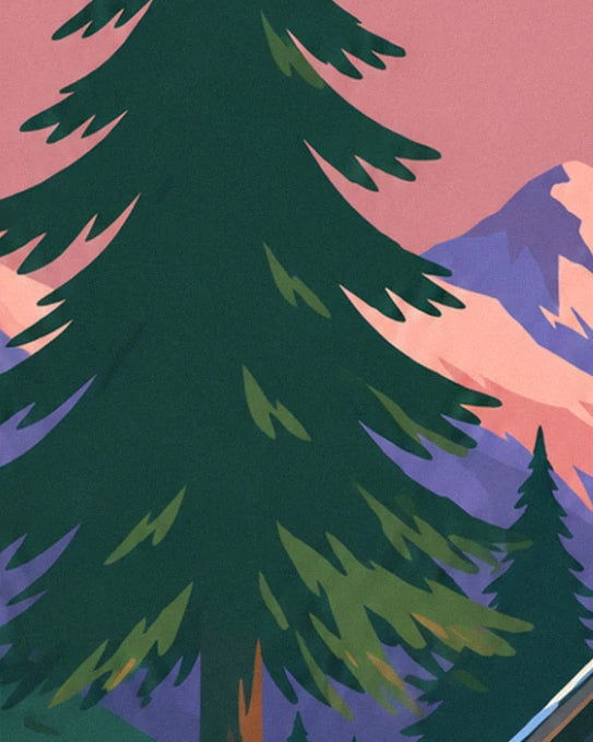 Un grand sapin vert sombre devant les sommets violets et roses du crépuscule
