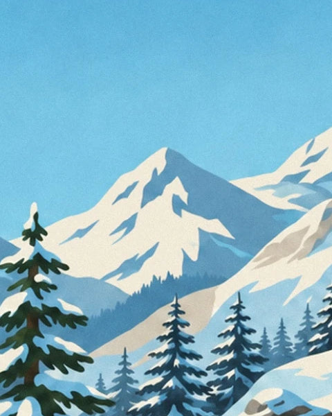 Les sommets enneigés sous le ciel bleu, au-dessus des sapins