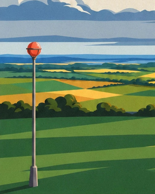 The grey mast topped with a red ball, standing in the green and golden fields